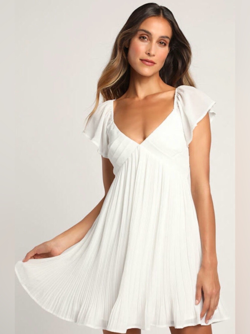 NWT Lulus White Pleated Flutter Sleeve Mini Dress